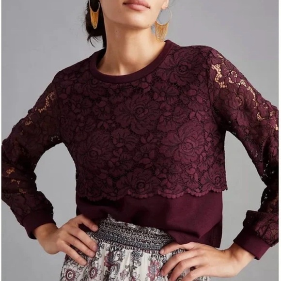 Anthropologie Tops - Anthropologie Plum Lace Sweatshirt - size small